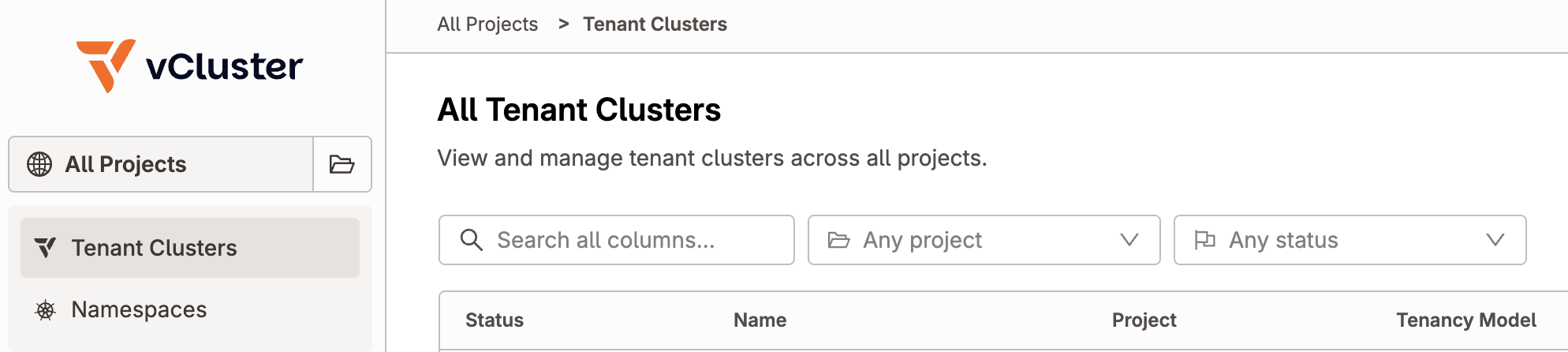 All Tenant Clusters view with the All Projects mode active, showing the globe icon and All Projects label in the project switcher, along with the tenant cluster table and project and status filter controls