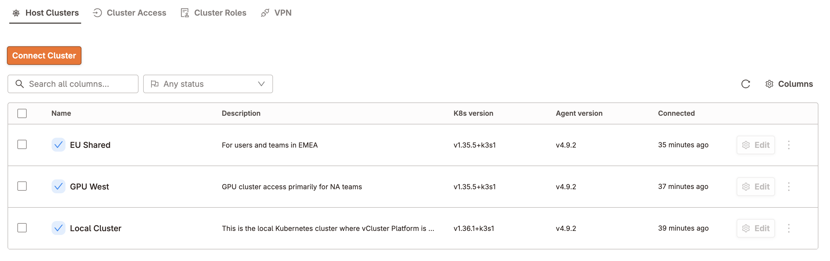 Host clusters dashboard showing multiple connected clusters with status, Kubernetes version, agent version, and connected time