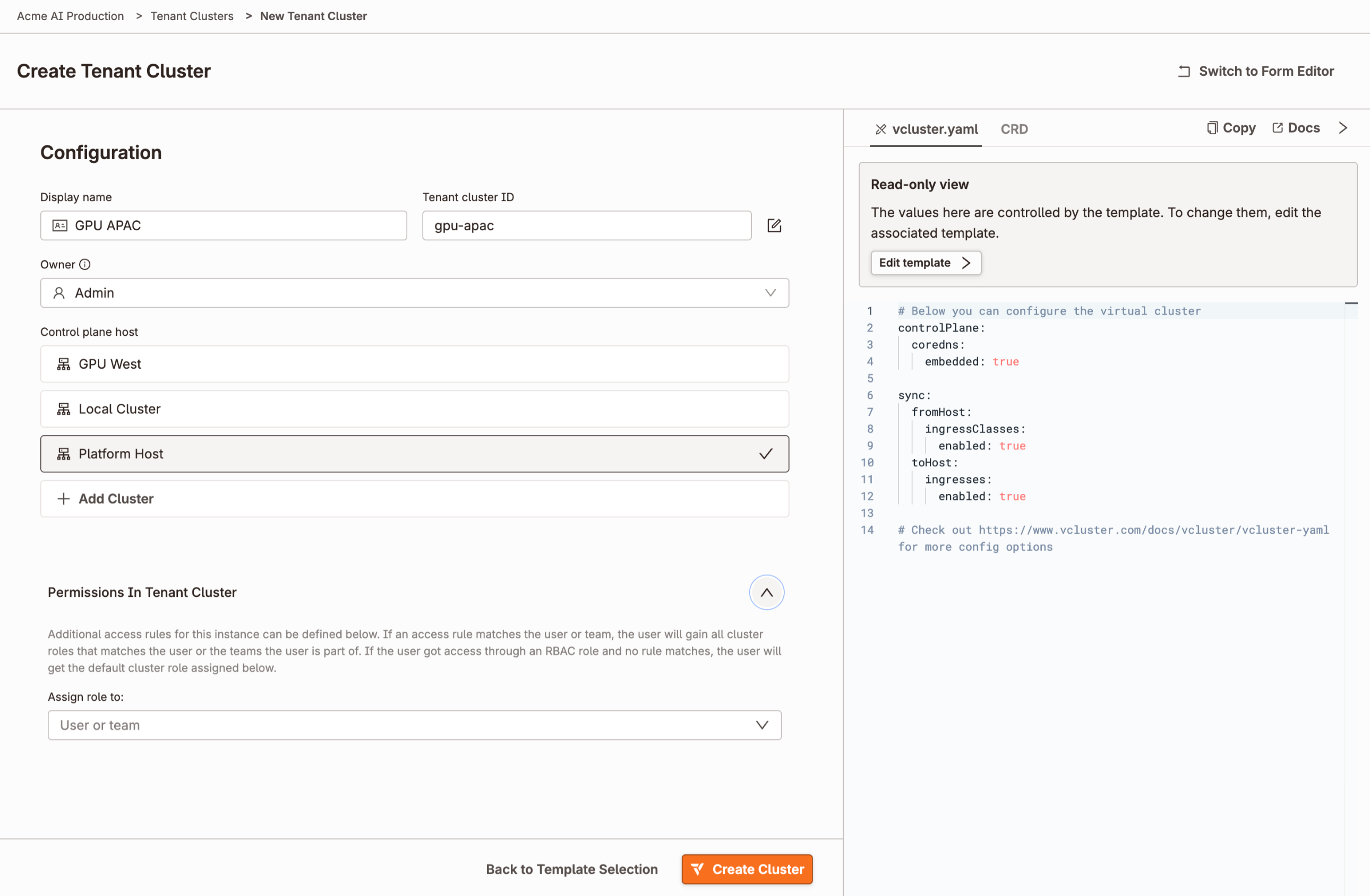 Tenant cluster creation screen showing the cluster name, owner, control plane host selection, and computed vcluster.yaml