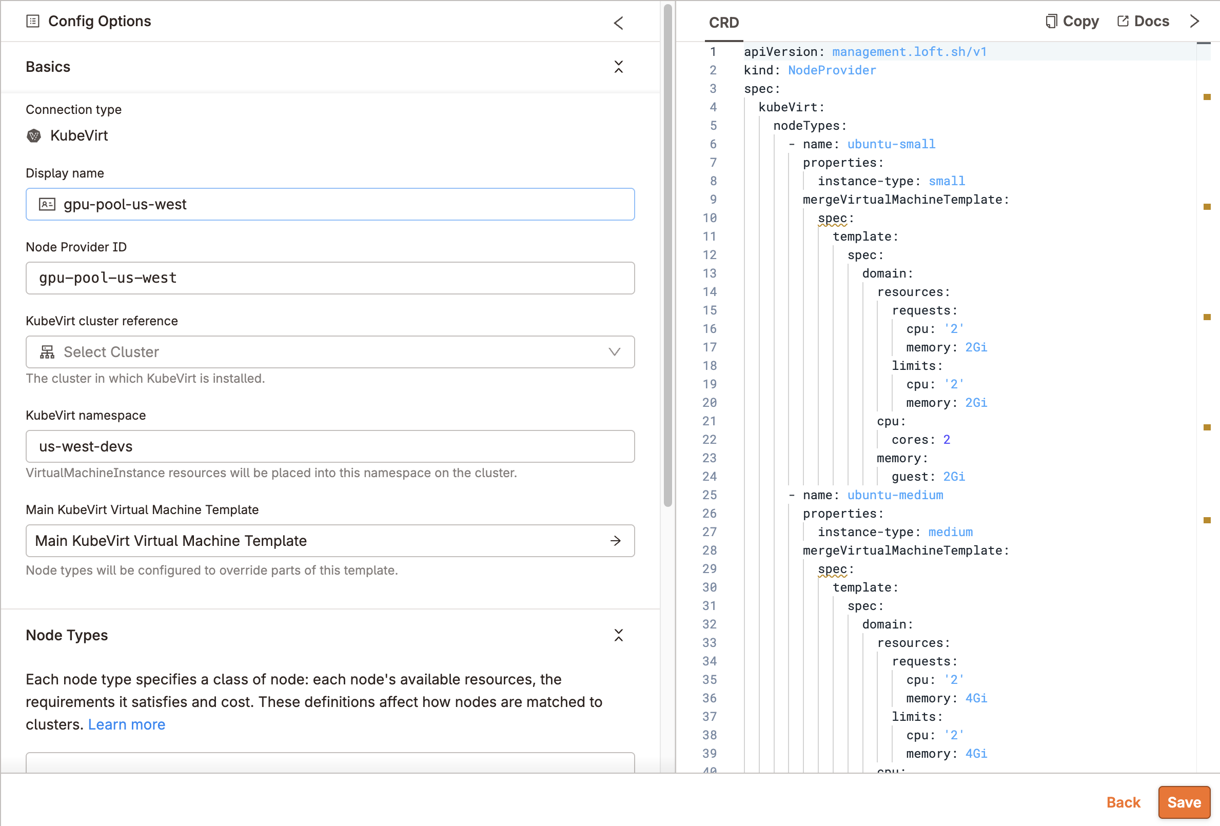 Node provider configuration screen showing KubeVirt provider settings, node types, and the generated NodeProvider CRD