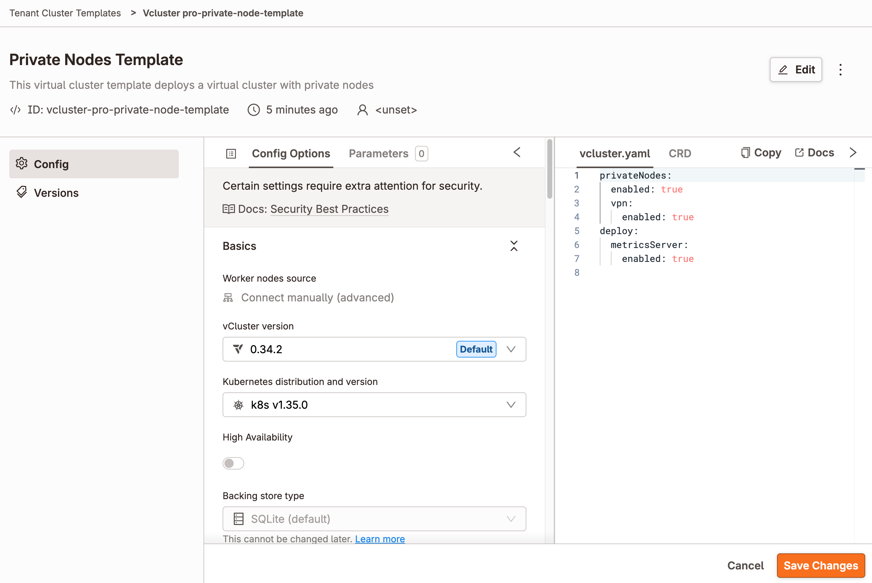 Private nodes template configuration screen showing config options, a vCluster version selector, and the vcluster.yaml editor