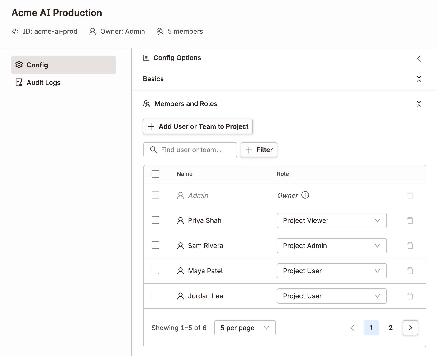 Project members and roles panel showing project users with assigned roles