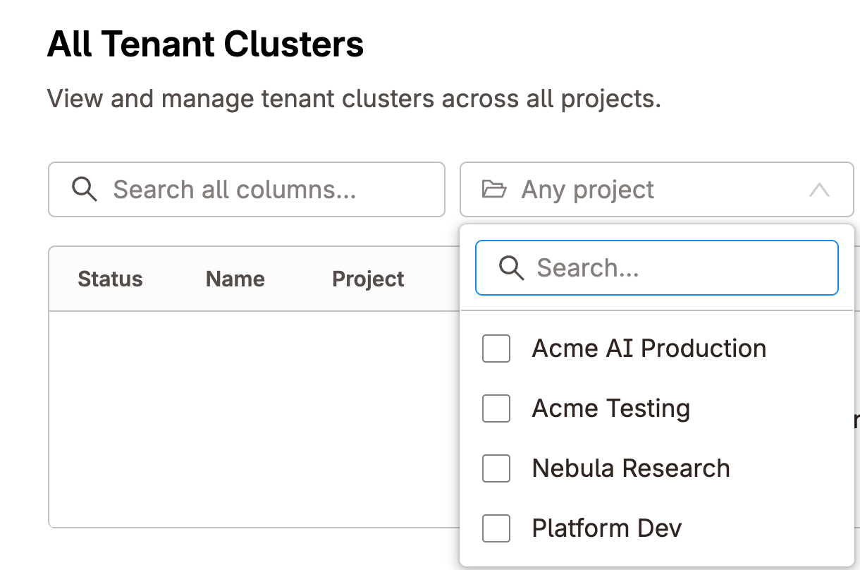 Tenant clusters dashboard with the project filter open, showing multiple projects available for filtering