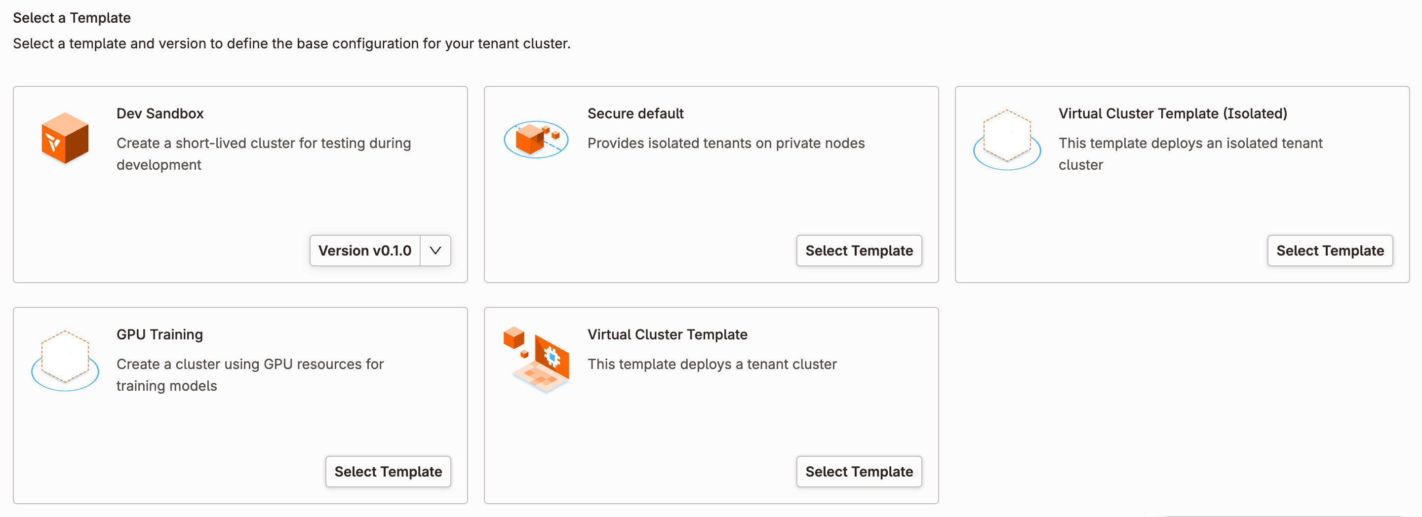 Template selection screen for creating a tenant cluster with template cards and a version selector