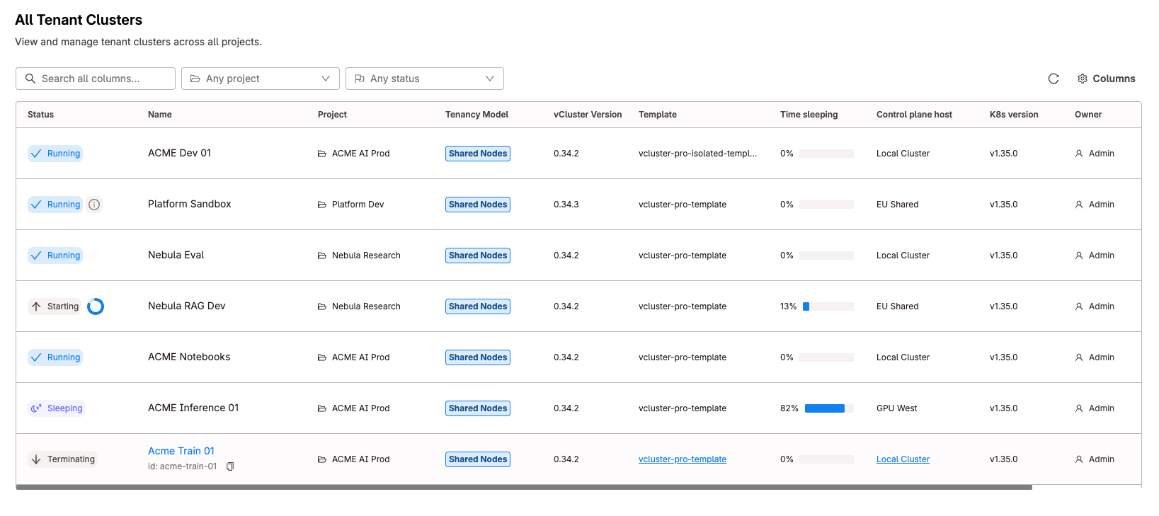 Tenant cluster dashboard showing clusters across multiple projects with running, starting, sleeping, and terminating statuses
